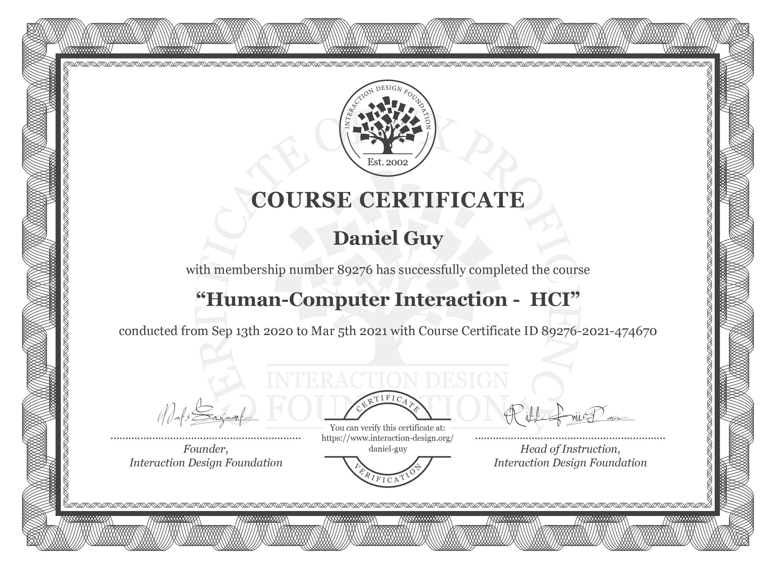 Certificate for Human-Computer Interaction course