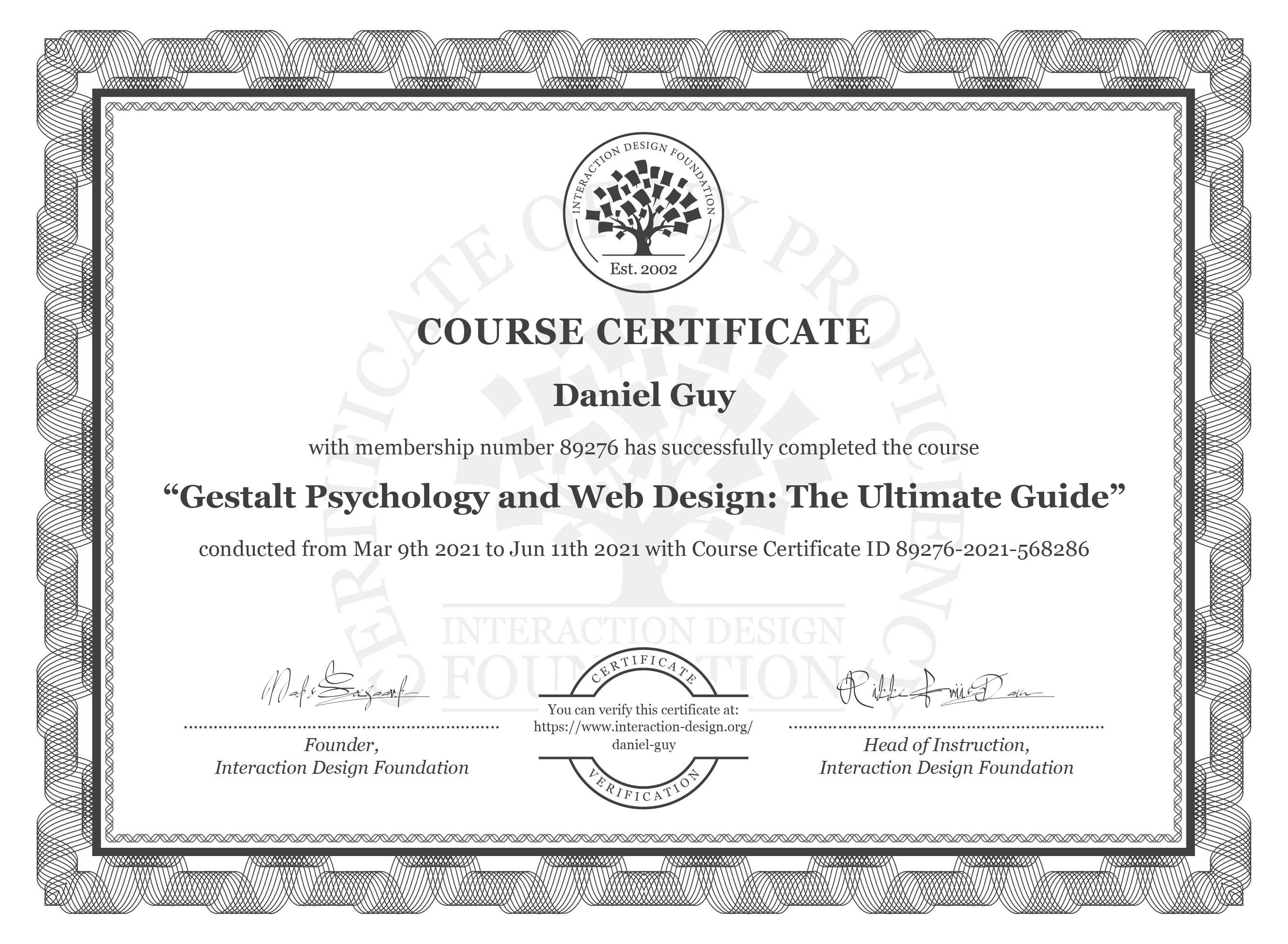 Certificate for Gestalt Psychology course