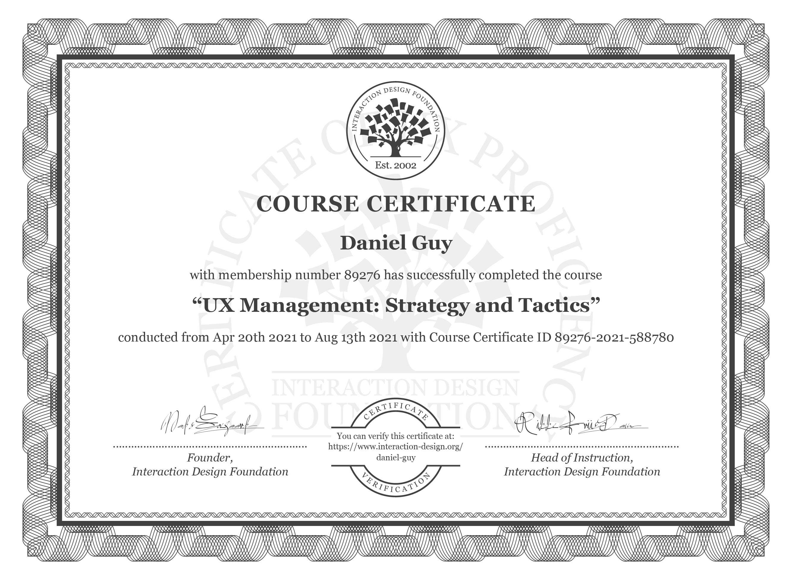 Certificate for UX Management course